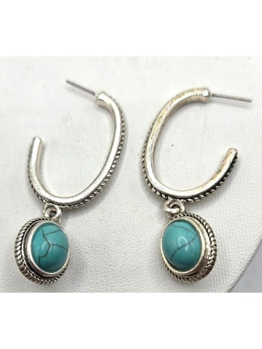 Monet Silver Tone Hoop Earrings With Turquoise Colored Stone & Textured Detail